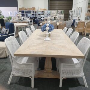 "Whitsunday" Hamptons Style Hardwood Timber Parquetry Dining Table with Pedestal Base, Beachwhite Finish, 300x120x77cm (RRP $4999)