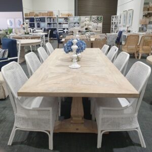 "Whitsunday" Hamptons Style Hardwood Timber Parquetry Dining Table Package with 8 x Southbeach Chairs in Solid White, Beachwhite Finish (RRP $6999)