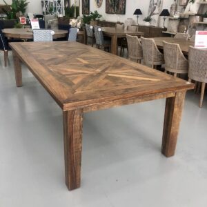 "Hayman" Hamptons Style Hardwood Timber Parquetry Dining Table, Vintage Finish, 300x120x77cm (RRP $3999)
