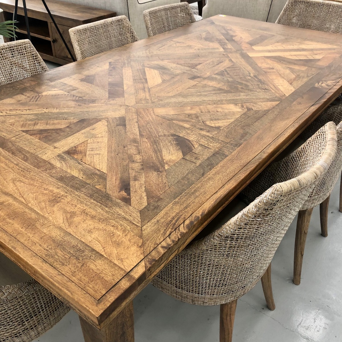 "Hayman" Resort Style Hardwood Timber Parquetry Dining Table, Vintage Finish, 180x90x77cm (RRP $1999) - Image 4