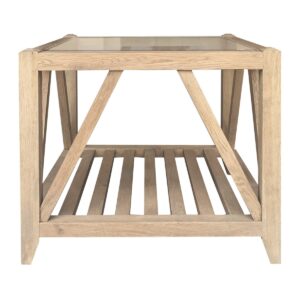 "Cabana" Hamptons Style Solid Timber Glass Top Side Table, Weathered Oak 60cmW x 60cmD x 45cmH (RRP $799)