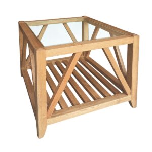 "Cabana" Hamptons Style Solid Timber Glass Top Side Table, Natural Oak 60cmW x 60cmD x 45cmH (RRP $799)