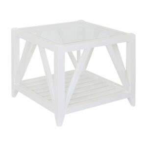 "Cabana" Hamptons Style Solid Timber Glass Top Side Table, White 60cmW x 60cmD x 45cmH (RRP $799)