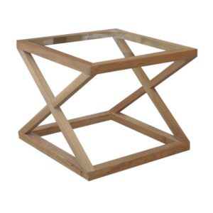 "Mirage" Hamptons Style Solid Oak Timber Glass Top Side Table, Natural Oak (RRP $799)