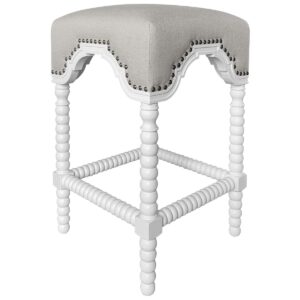 "Bobbin" Hamptons Style Linen Fabric & Oak Timber Barstool, White & Oatmeal (RRP $699)