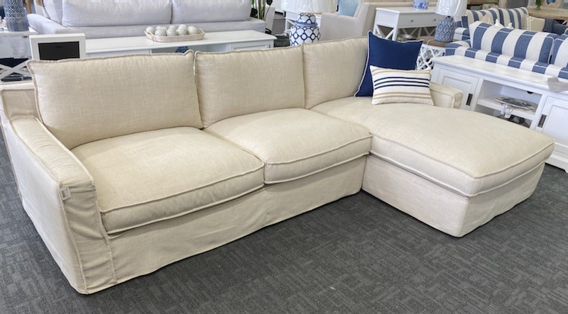 FLOORSTOCK CLEARANCE SALE "Eastport" Hamptons Style Feather Filled Fabric 3 Seater + Chaise Lounge with Removable & Dry Cleanable Slip Covers, Available in Linen and Grey (RRP $3499) - Image 2