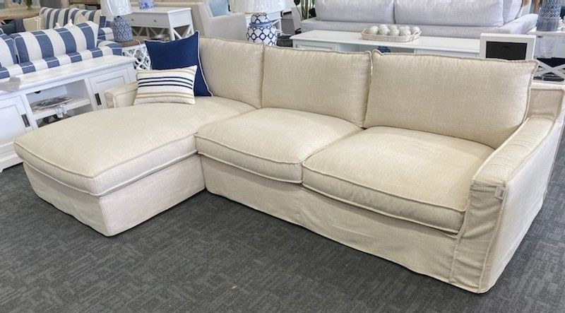 FLOORSTOCK CLEARANCE SALE "Eastport" Hamptons Style Feather Filled Fabric 3 Seater + Chaise Lounge with Removable Slip Covers (RRP $3499)-Left Hand Facing Chaise-Eastport Grey Colour Swatch - Image 2