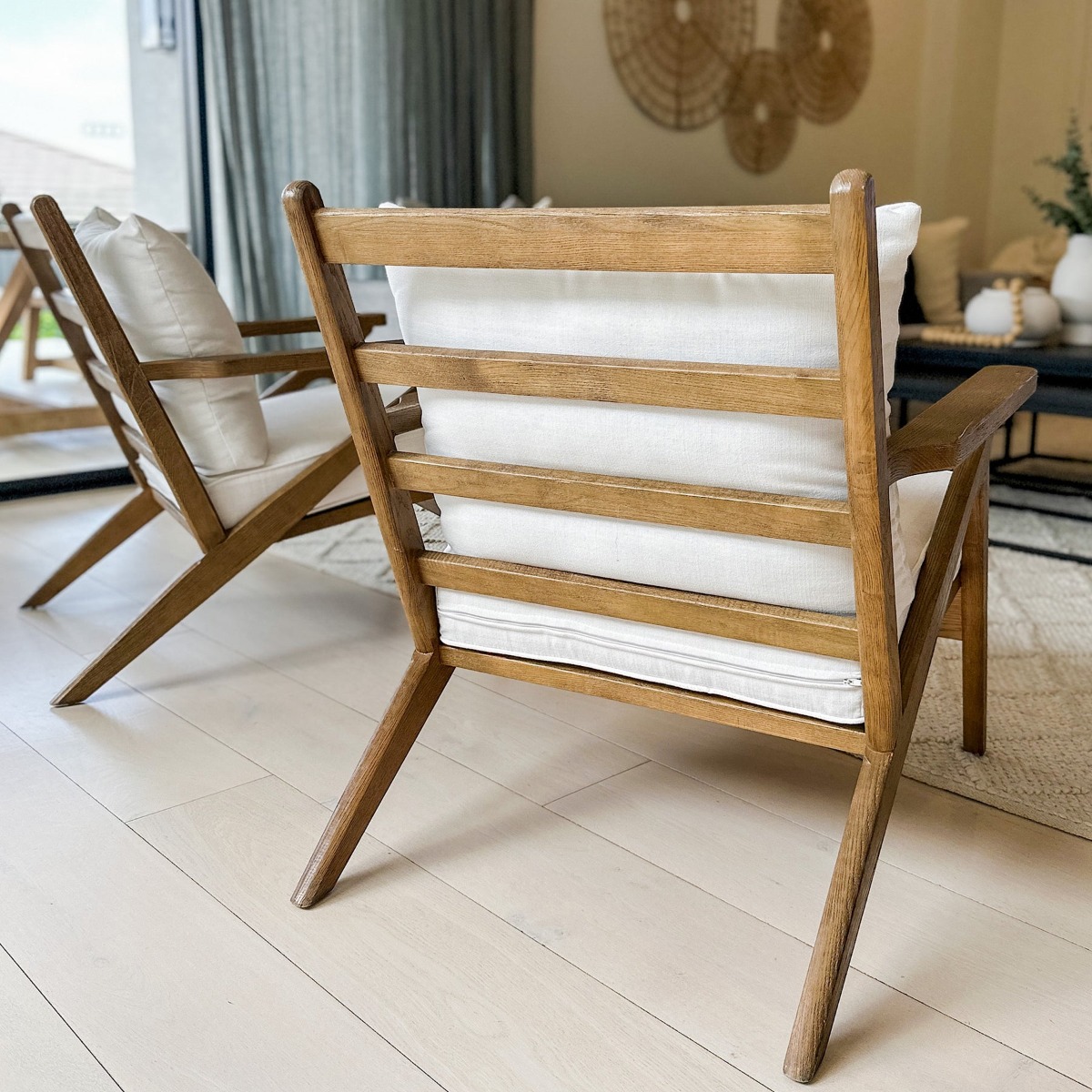 Ash Wood Timber Chair W/Natural Cushions Linen Blend Brown/White, W 69.5cm D 84.5cm H 80cm (RRP $739) - Image 11