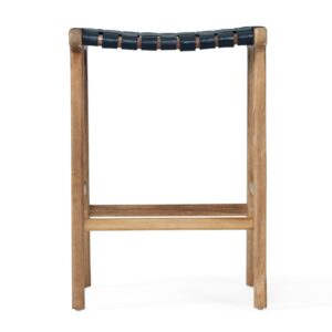 "Peregian" Resort Style Genuine Hide Leather Weave & Solid Teak Kitchen Counter Saddle Stool, Black
