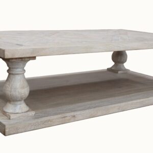 "Whitsunday" Hamptons Style Hardwood Timber Parquetry Coffee Table with Pedestal Base, Beachwhite Finish, 150x80x40cm (RRP $2499)
