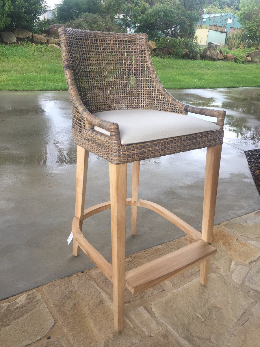 CLEARANCE SALE "Avoca" Hamptons Style Rattan Bar Stool, Mocha Rattan with Teak Legs (RRP $449) - Image 2