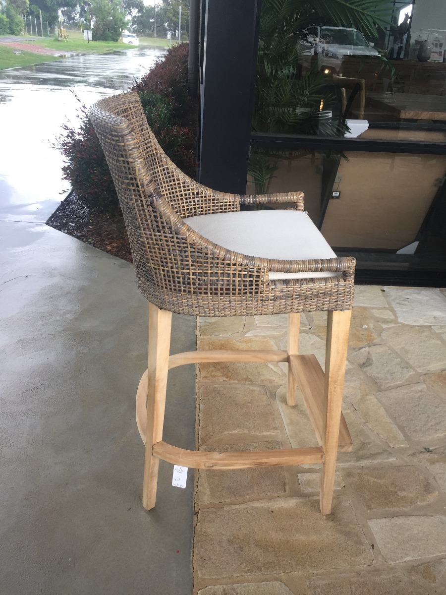 CLEARANCE SALE "Avoca" Hamptons Style Rattan Bar Stool, Mocha Rattan with Teak Legs (RRP $449) - Image 3