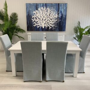 "Cove" Coastal Style 7 Piece Dining Package 180x100cm Hardwood Timber Dining Table + 6 Ravello Chairs in Blue with Removable Slip Covers