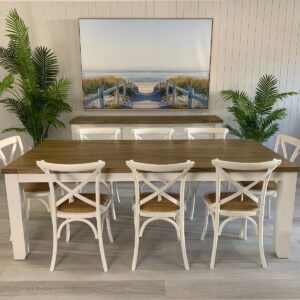 "Jefferson" Hamptons Style 9 Piece Dining Package 225x105cm Hardwood Timber Dining Table + 8 Noosaville White Chairs
