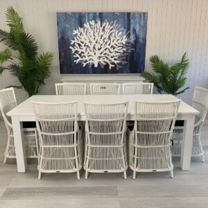 FLOORSTOCK CLEARANCE SALE "Cove" Coastal Style 9 Piece Dining Package 220x100cm Hardwood Timber Dining Table + 8 Byron Chairs (RRP $3799)