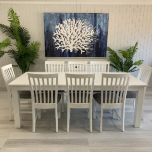 "Cove" Coastal 9 Piece Dining Package 220x100cm Hardwood Timber Dining Table + 8 Cove White Chairs with Grey Cushioned Seat (RRP $3999)