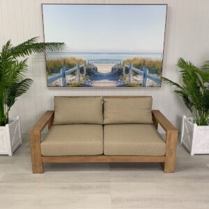 CLEARANCE SALE "Maldives" Hamptons Style Outdoor Timber 2 Seater Lounge, Olefin Sand Cushions (RRP $1699)