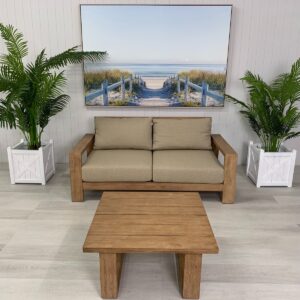 CLEARANCE SALE "Maldives" Hamptons Style Outdoor Timber 2 Seater Lounge, Olefin Sand Cushions + Matching Side Table (RRP $1999)