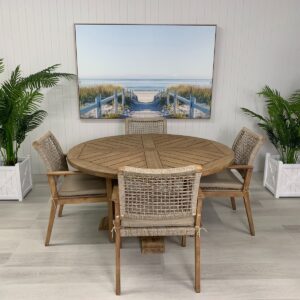CLEARANCE SALE "Hampshire" Hamptons Style Round Solid Timber Outdoor Dining Table 150cm + 4 Maldives Rope Chairs (RRP $2999)