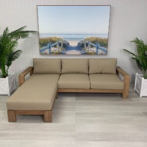 "Maldives" Hamptons Style Outdoor Timber 3 Seater Lounge with Reversible Chaise, Olefin Sand Cushions