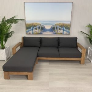 CLEARANCE SALE "Maldives" Hamptons Style Outdoor Timber 3 Seater Lounge with Reversible Chaise, Charcoal Cushions (RRP $2799)