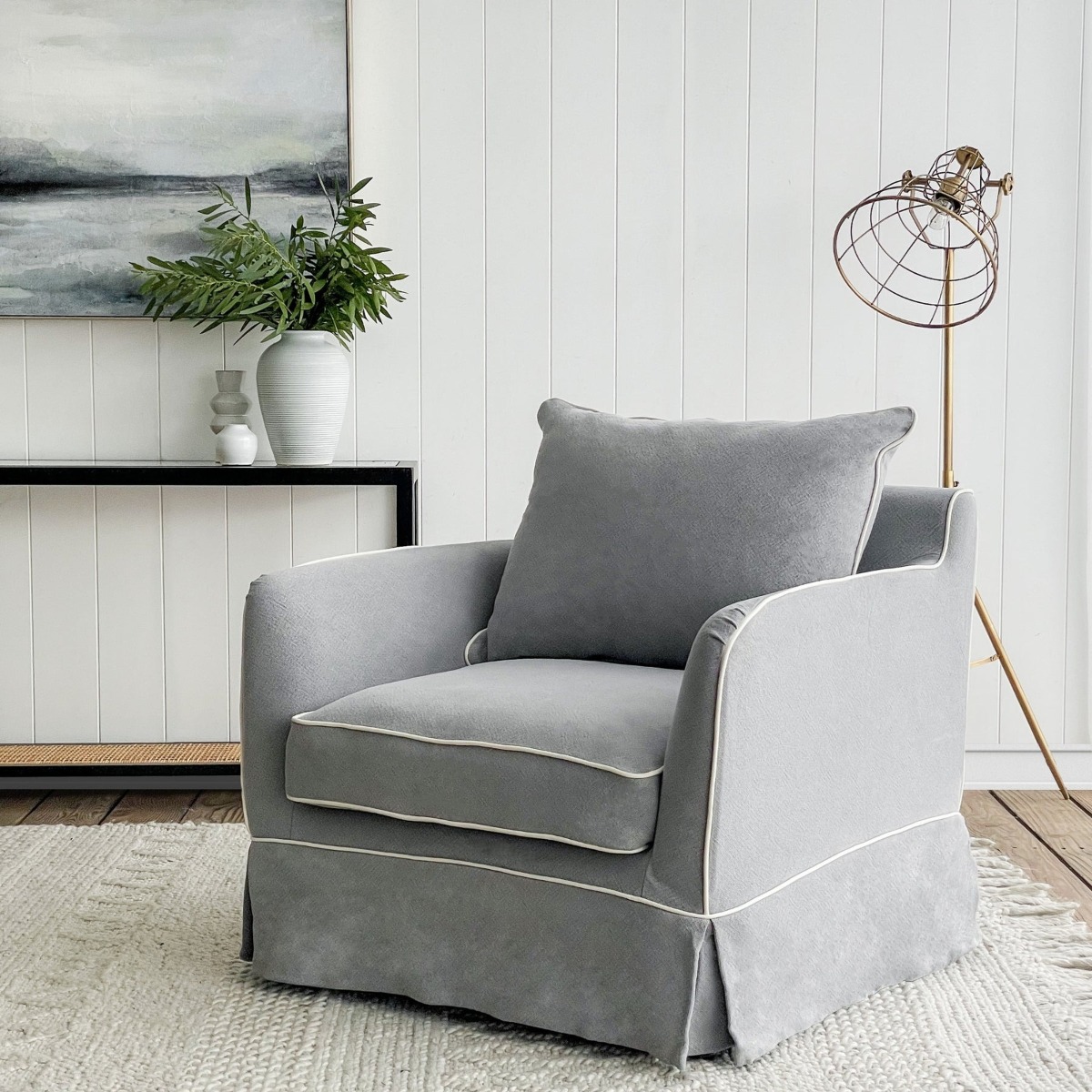 Slip Cover Only - Noosa Hamptons Armchair Grey W/White Piping, W 90cm D 91cm H 80cm (RRP $724) - Image 8