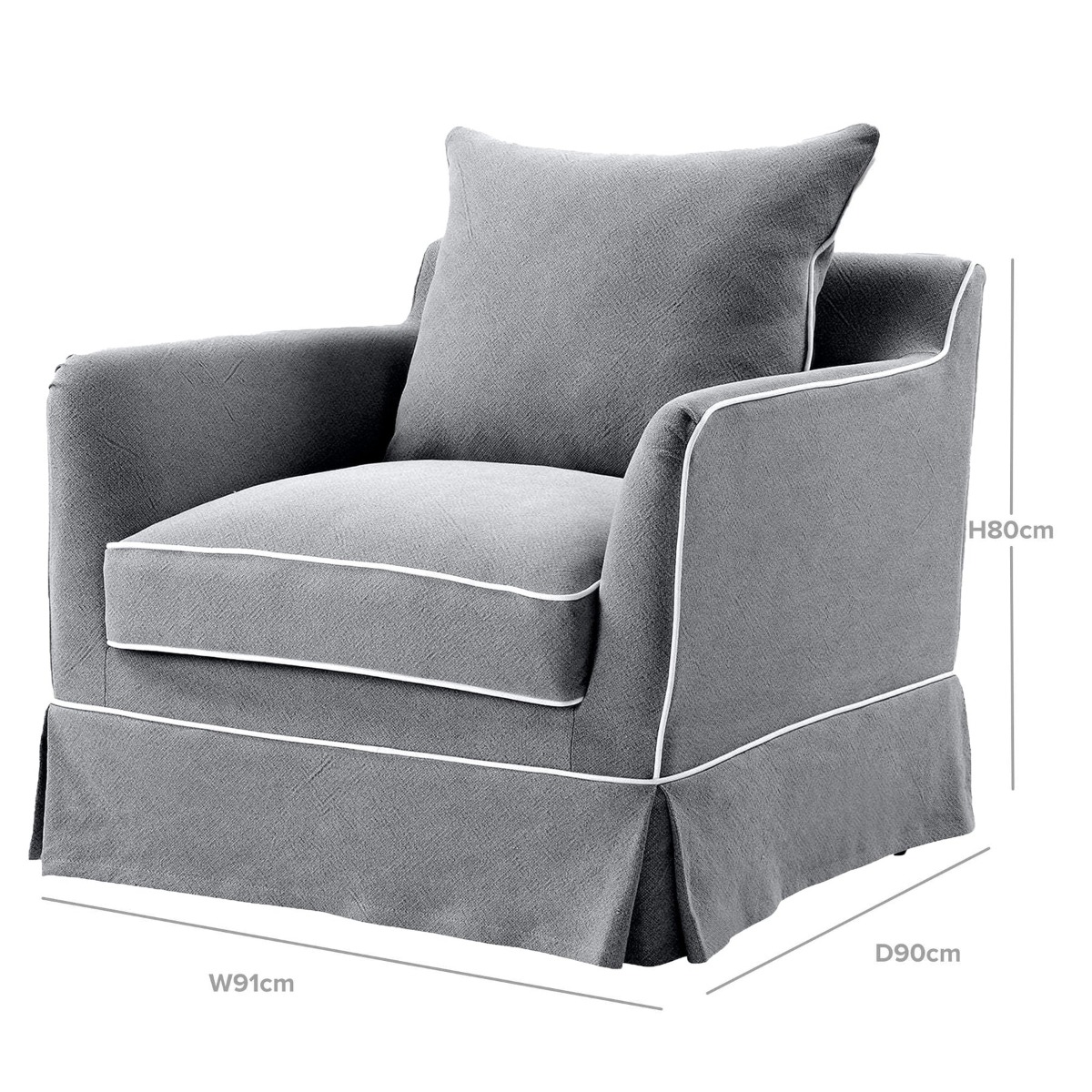 Slip Cover Only - Noosa Hamptons Armchair Grey W/White Piping, W 90cm D 91cm H 80cm (RRP $724) - Image 6
