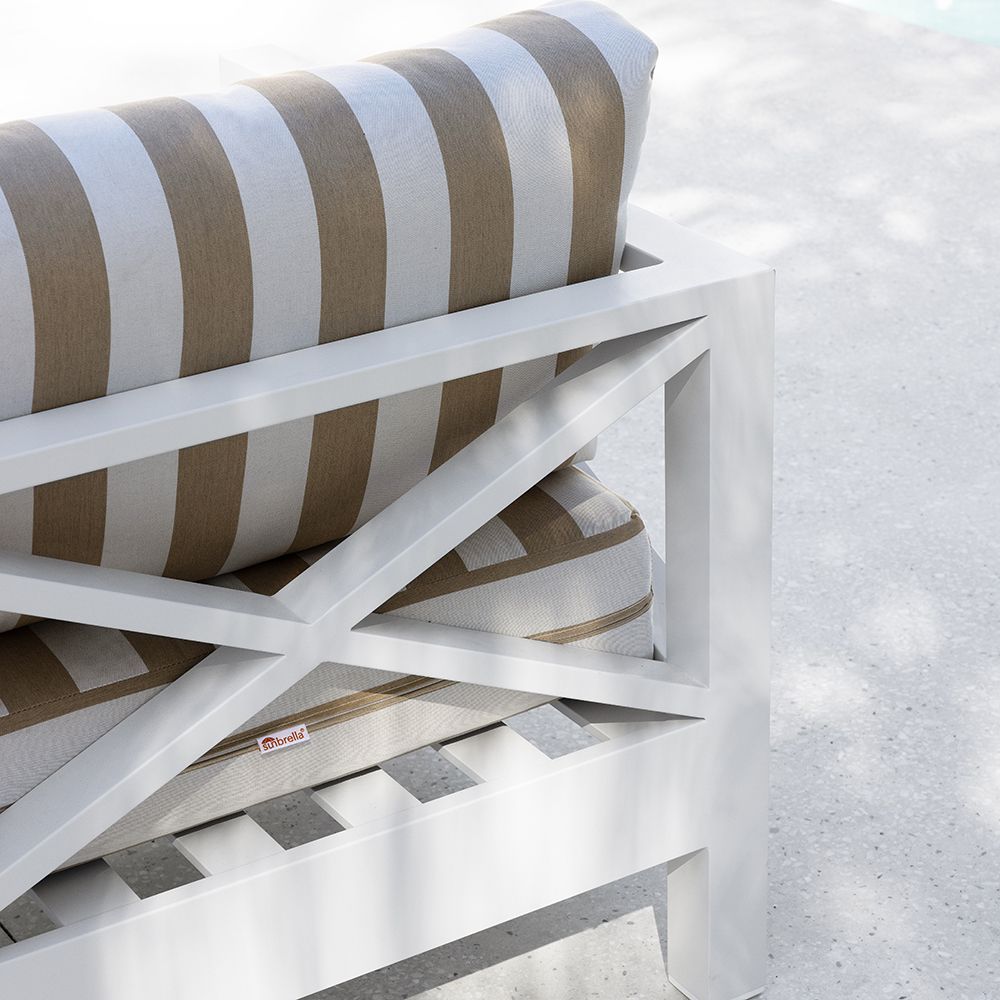 "Montego Bay" Hamptons Style Outdoor White Aluminium 2+1 Seater Lounge Setting with Coffee Table, Sunbrella Beige & White Stripe Cushions - Image 5