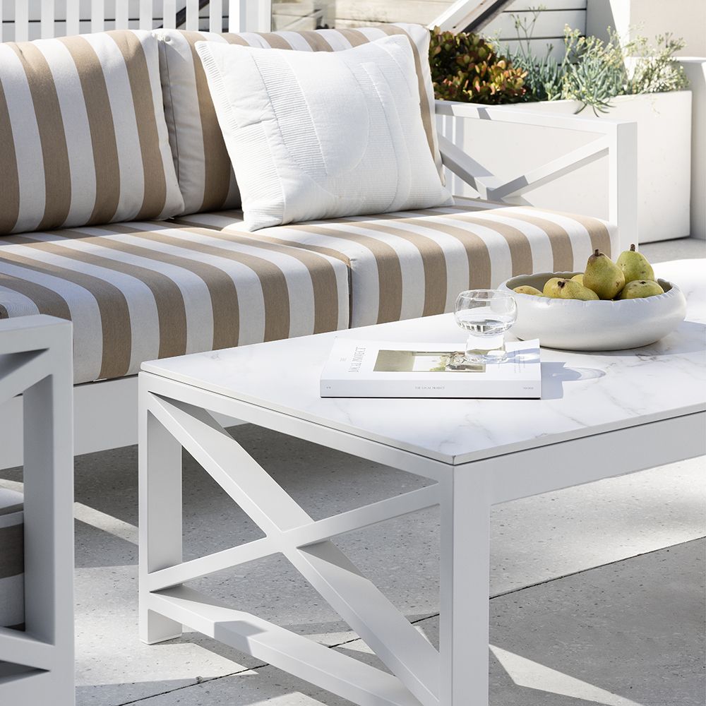 "Montego Bay" Hamptons Style Outdoor White Aluminium 2+1 Seater Lounge Setting with Coffee Table, Sunbrella Beige & White Stripe Cushions - Image 3