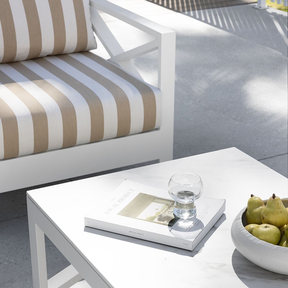 "Montego Bay" Hamptons Style Outdoor White Aluminium 2+1 Seater Lounge Setting with Coffee Table, Sunbrella Beige & White Stripe Cushions - Image 4