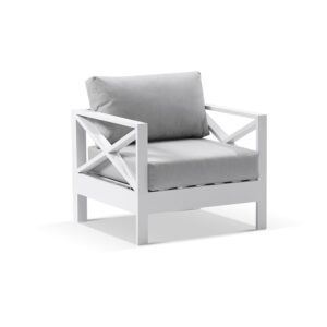 "Montego Bay" Hamptons Style Outdoor Aluminium 1 Seater Armchair, White with Olefin Grey Cushions (RRP $1199)