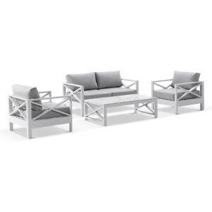 "Montego Bay" Hamptons Style Outdoor Aluminium 4 Piece 2+1+1 Seater Lounge Setting, White with Olefin Grey Cushions (RRP $3999)