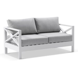 "Montego Bay" Hamptons Style Outdoor Aluminium 2 Seater Lounge, White with Olefin Grey Cushions (RRP $1599)