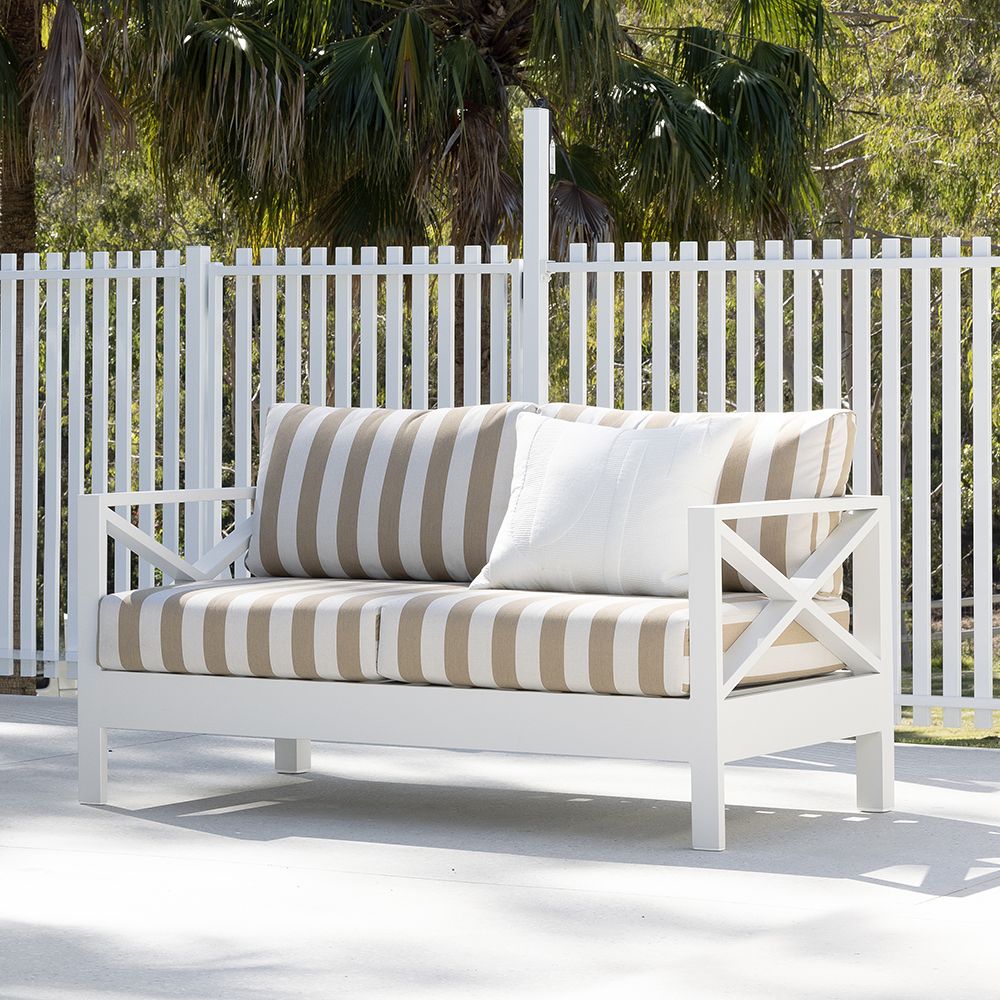 "Montego Bay" Hamptons Style Outdoor White Aluminium 2+1 Seater Lounge Setting with Coffee Table, Sunbrella Beige & White Stripe Cushions - Image 2