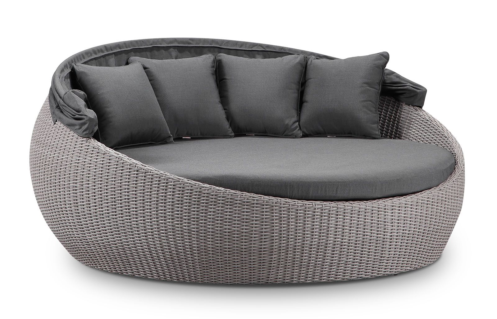 "Cancun" Hamptons Style Outdoor Large Wicker Round Daybed with Canopy in Brushed Grey with Sunbrella Cushions - Image 2