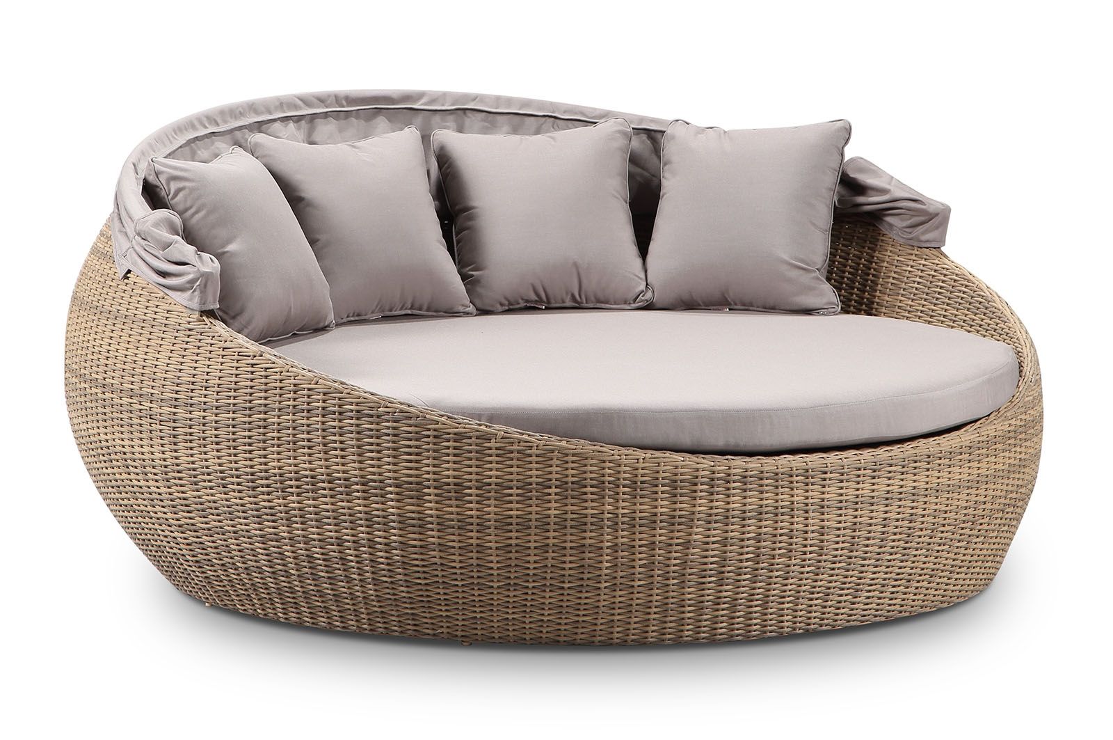 "Cancun" Hamptons Style Outdoor Large Wicker Round Daybed with Canopy in Brushed Wheat with Sunbrella Cushions, 200cm Diameter - Image 2