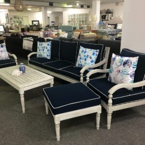 LAST ONE!! “The Hamptons" Hampton Style Timber 5 Piece Lounge Setting, Blue Cushions White Piping (RRP $2999)