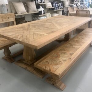 GOLD COAST FLOORSTOCK SALE "Montego" Hampton Style Hardwood Timber Dining Table with Pedestal Base + 2 Benches, Watersaw Finish, 240x110x77cm (RRP $5999) LAST ONE!!