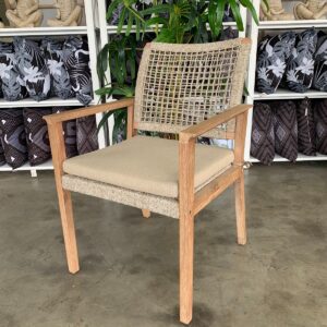 "Maldives" Hamptons Style Outdoor Timber & Sand Rope Dining Chair, Olefin Sand Cushion
