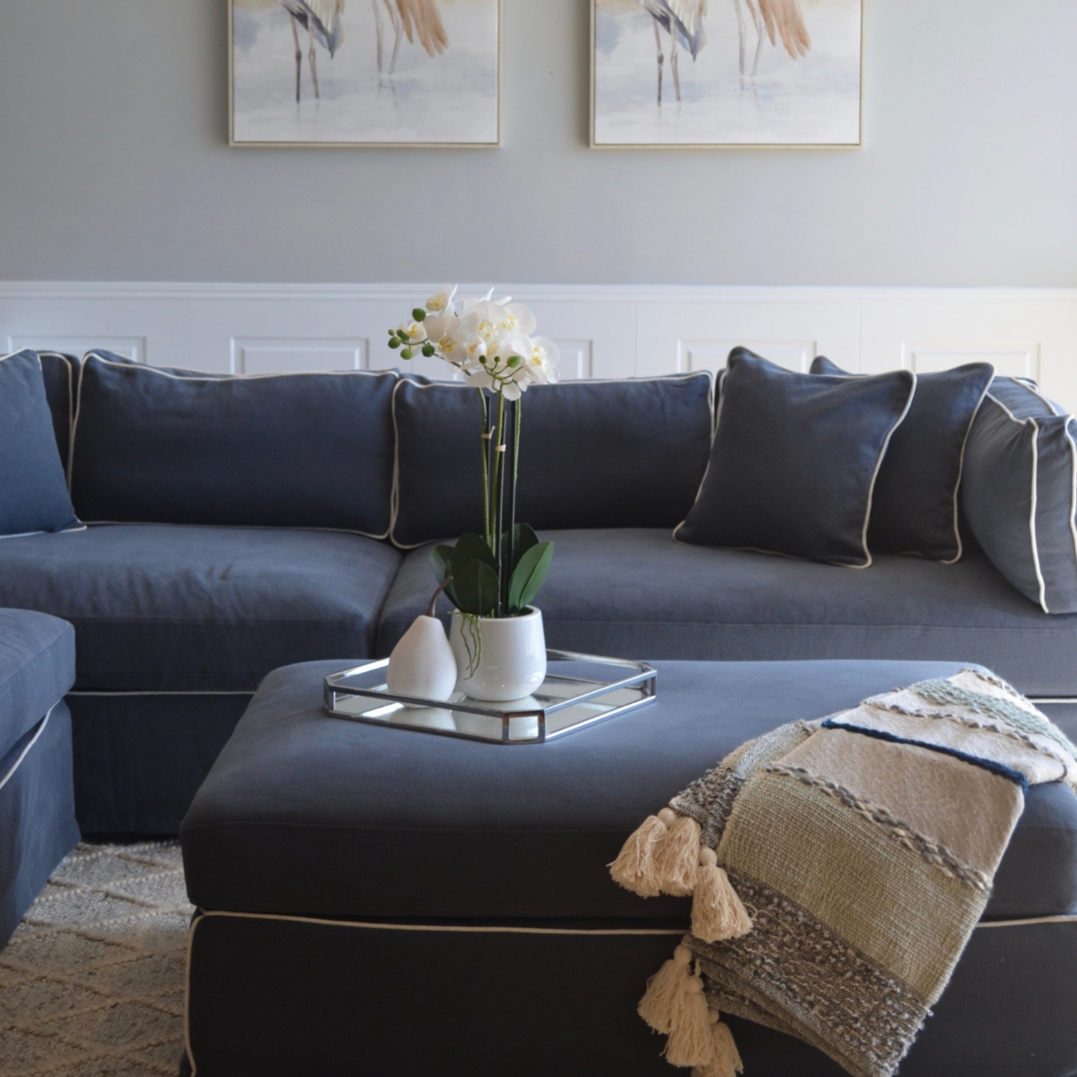Marbella Modular Sofa Navy W/White Piping Left, W 300 D 250 H 85cm (RRP $6149) - Image 3