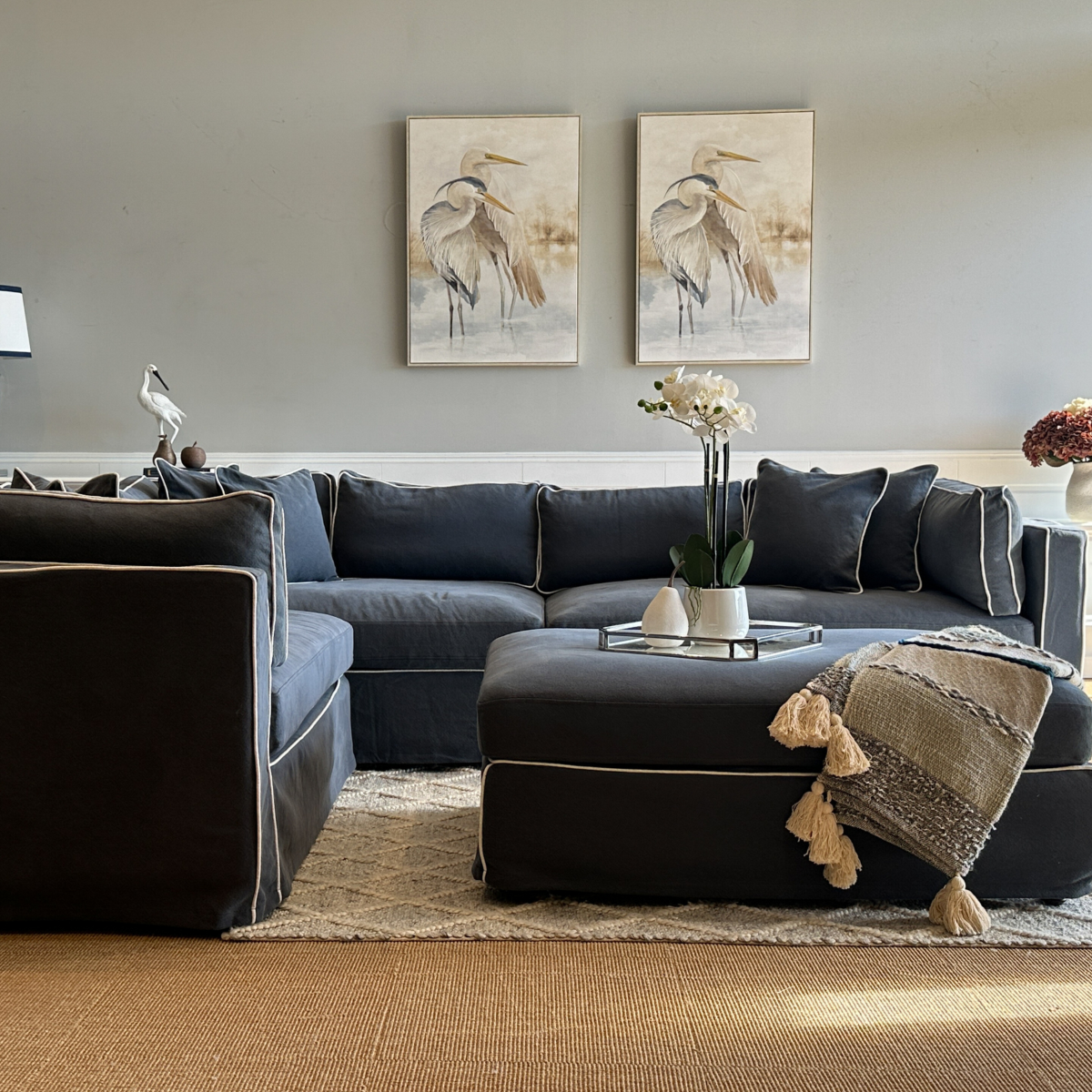 Marbella Modular Sofa Navy W/White Piping Left, W 300 D 250 H 85cm (RRP $6149) - Image 2