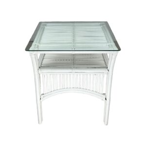"Long Island" Hamptons Style Rattan Side Table with Glass Top in White, 50cm x 50cm x 60cmH (RRP $399)