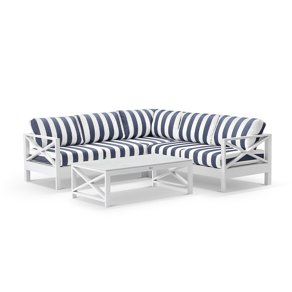 "Montego Bay" Hamptons Style Outdoor Aluminium Modular Corner Lounge Package B, White with Navy & White Stripe Cushions (RRP $5499) - Image 2
