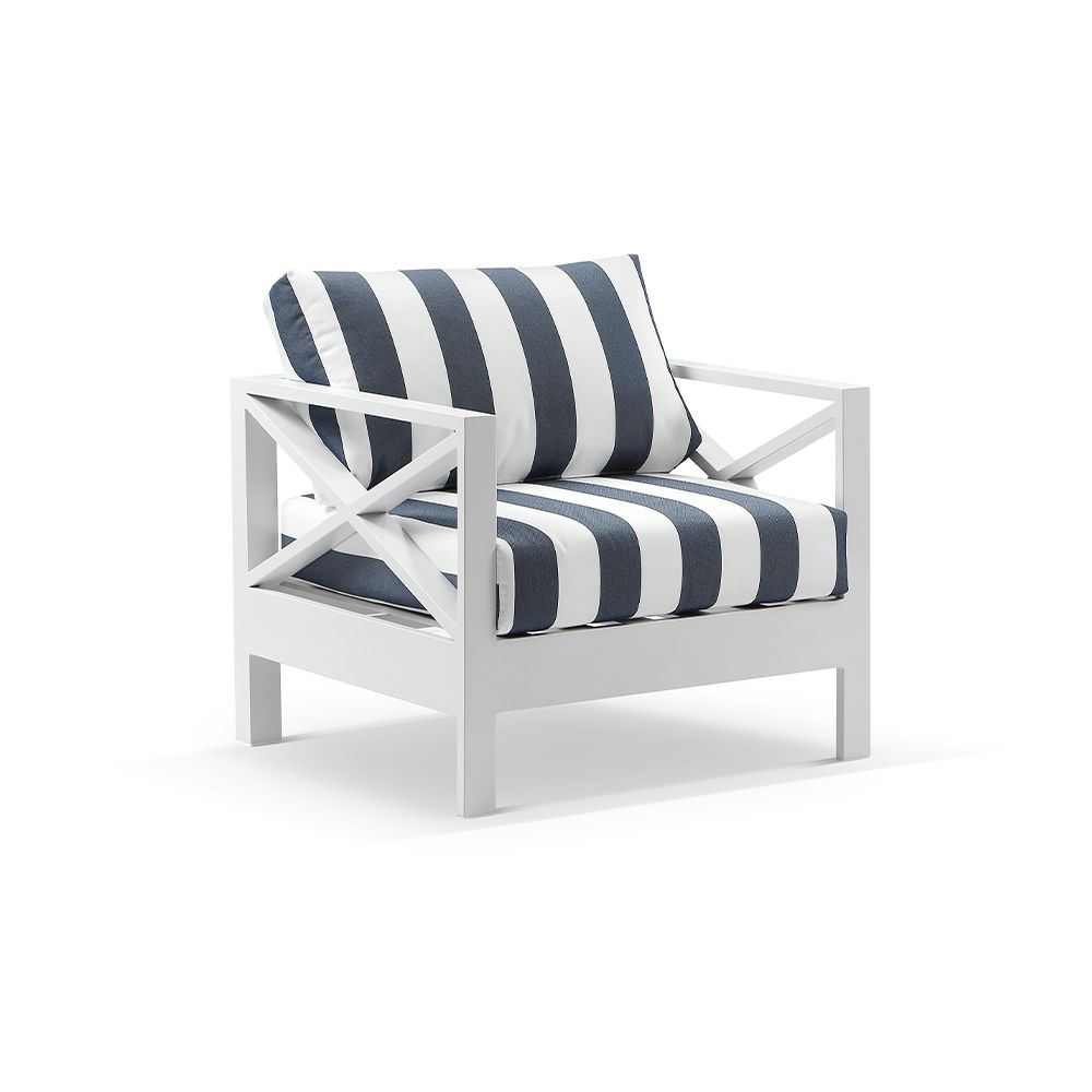 "Montego Bay" Hamptons Style Outdoor Aluminium 5 Piece Lounge Setting, White with Navy & White Stripe Cushions (RRP $5999) - Image 4