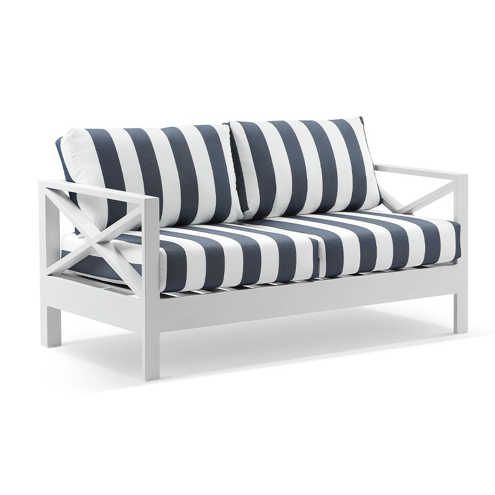 "Montego Bay" Hamptons Style Outdoor Aluminium 5 Piece Lounge Setting, White with Navy & White Stripe Cushions (RRP $5999) - Image 3