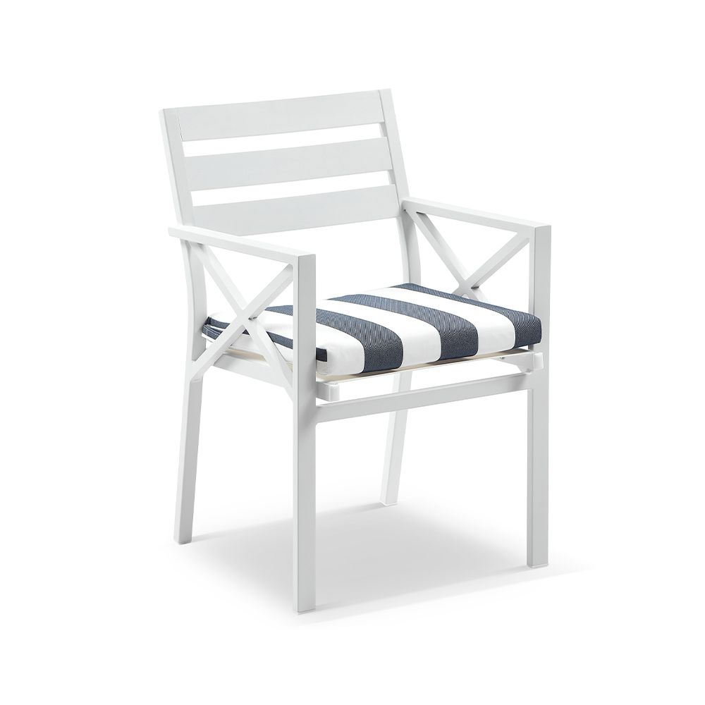 "Montego Bay" Hamptons Style Outdoor Aluminium Square 5 Piece Dining Table Set, White with Olefin Navy & White Stripe Cushions (RRP $2299) - Image 2