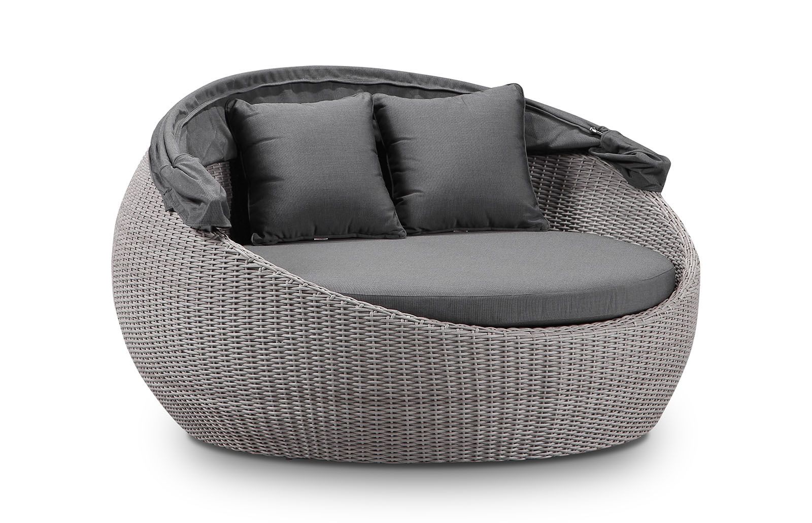 "Cancun" Hamptons Style Outdoor Wicker Round Daybed with Canopy in Brushed Grey with Sunbrella Cushions - Image 2