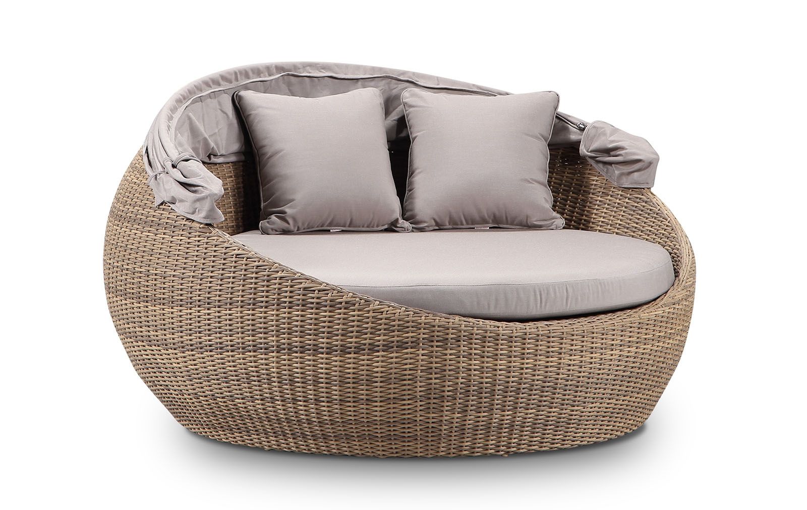 "Cancun" Hamptons Style Outdoor Wicker Round Daybed with Canopy in Brushed Wheat with Sunbrella Cushions, 160cm Diameter - Image 2