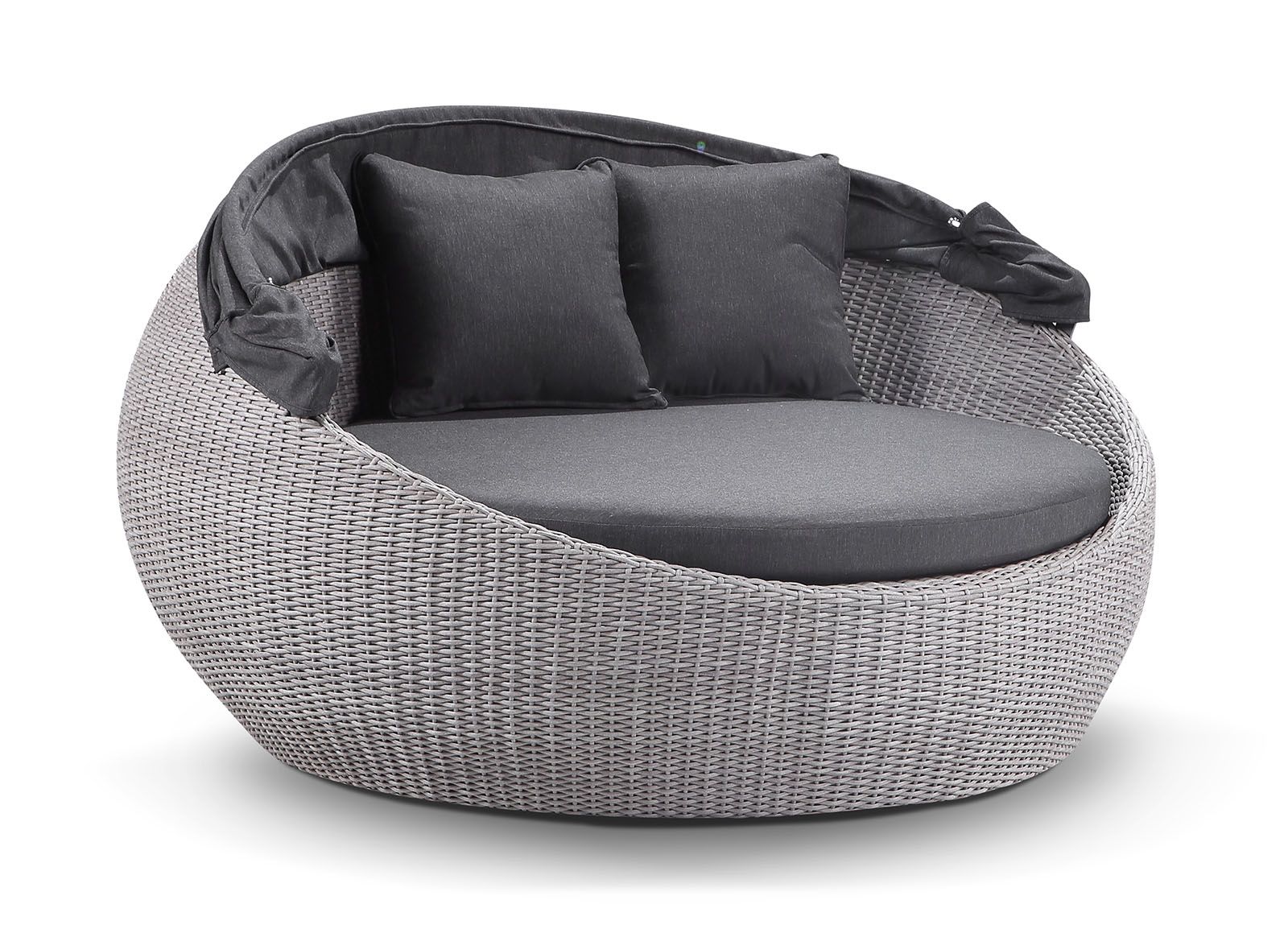"Cancun" Hamptons Style Outdoor Wicker Round Daybed with Canopy in Brushed Grey with Denim Cushions, 160cm Diameter - Image 2