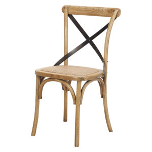 "Noosaville" Oak Timber Cross Back Dining Chair with Metal Strap & Rattan Seat